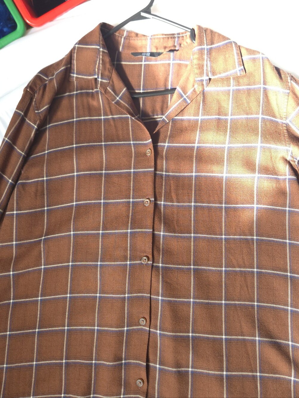 Uniqlo Brown Plaid Open Collar Flannel Shirt Size Large L Windowpane Grid - Picture 3 of 11